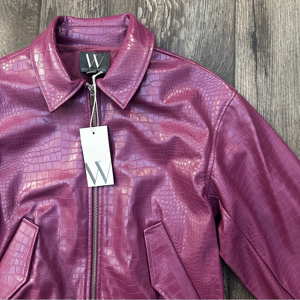 Worthington Faux Leather Crop Bomber Jacket Women’s S Crocodile Print Jam Purple